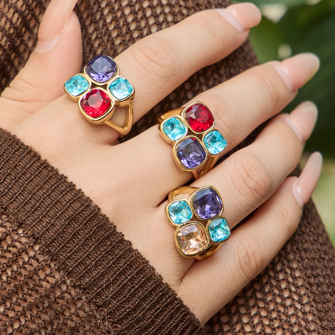 Stainless Steel Colored Glass Stone Ring