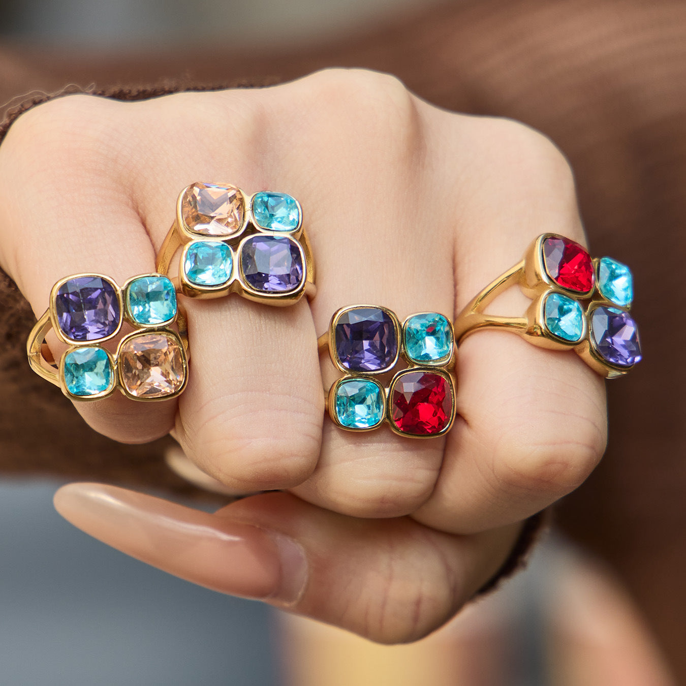Stainless Steel Colored Glass Stone Ring