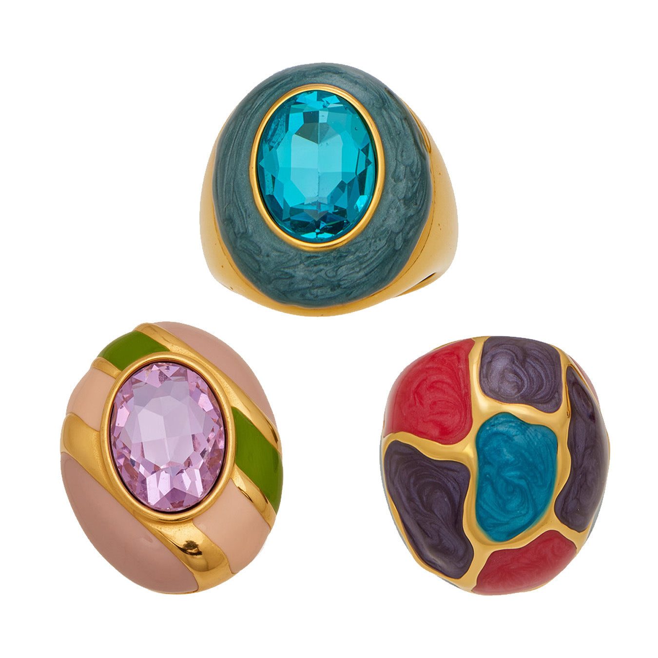 Stainless Steel Rainbow Enamel Oval Glass Stone Ring