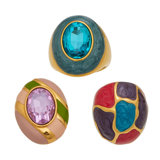 Stainless Steel Rainbow Enamel Oval Glass Stone Ring