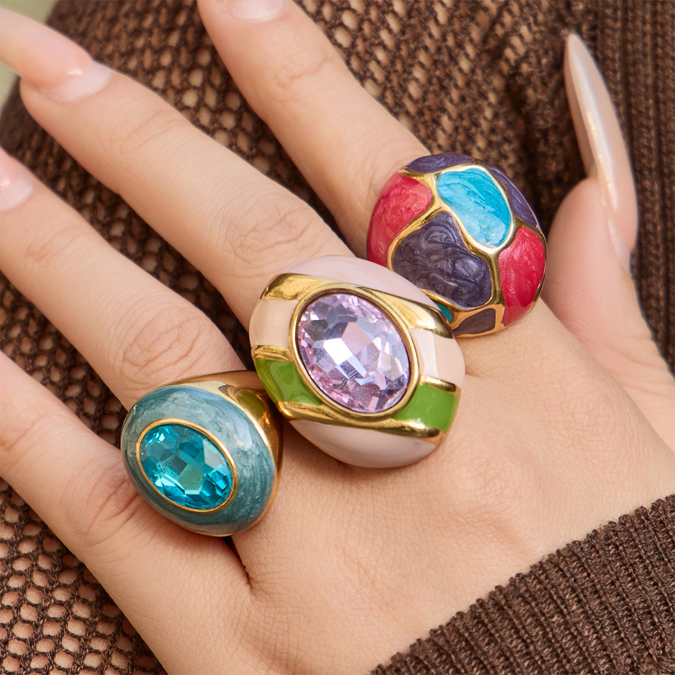 Stainless Steel Rainbow Enamel Oval Glass Stone Ring