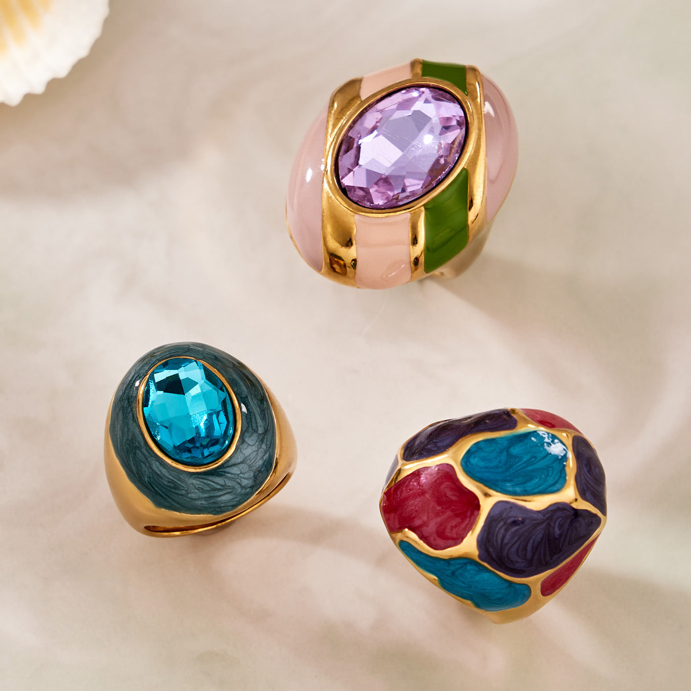 Stainless Steel Rainbow Enamel Oval Glass Stone Ring