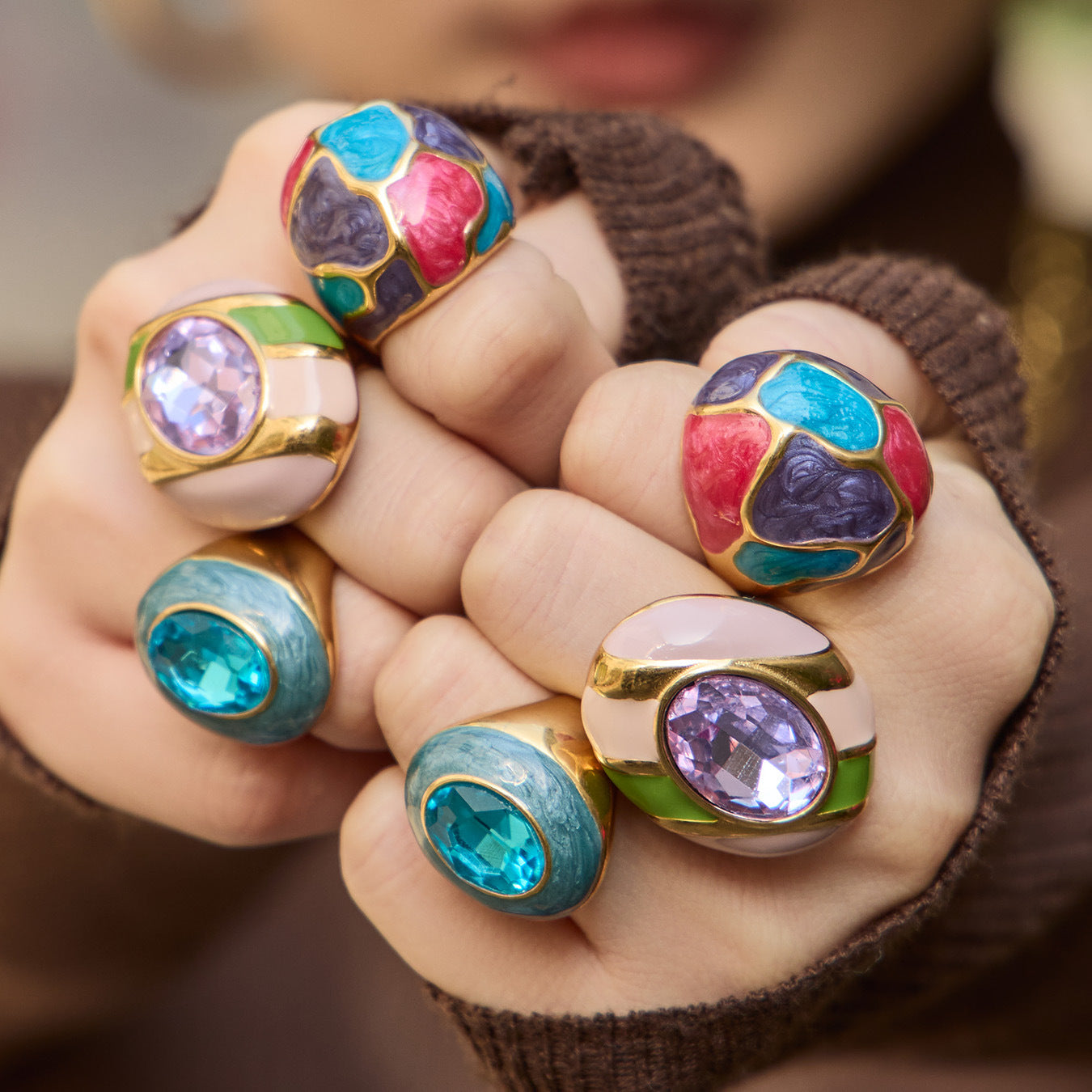 Stainless Steel Rainbow Enamel Oval Glass Stone Ring