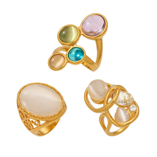 Stainless Steel Hollowed-out Cat's Eye Stone Open Ring