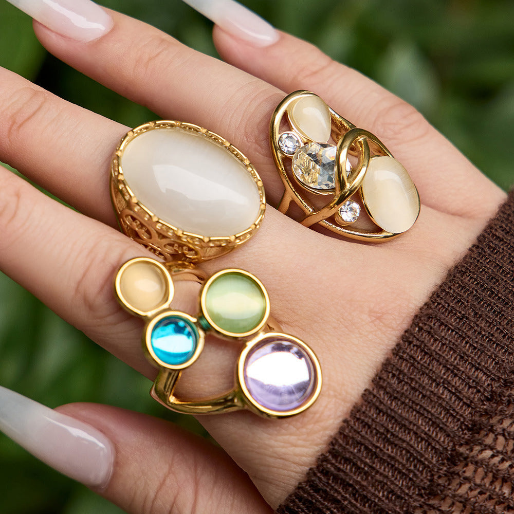 Stainless Steel Hollowed-out Cat's Eye Stone Open Ring