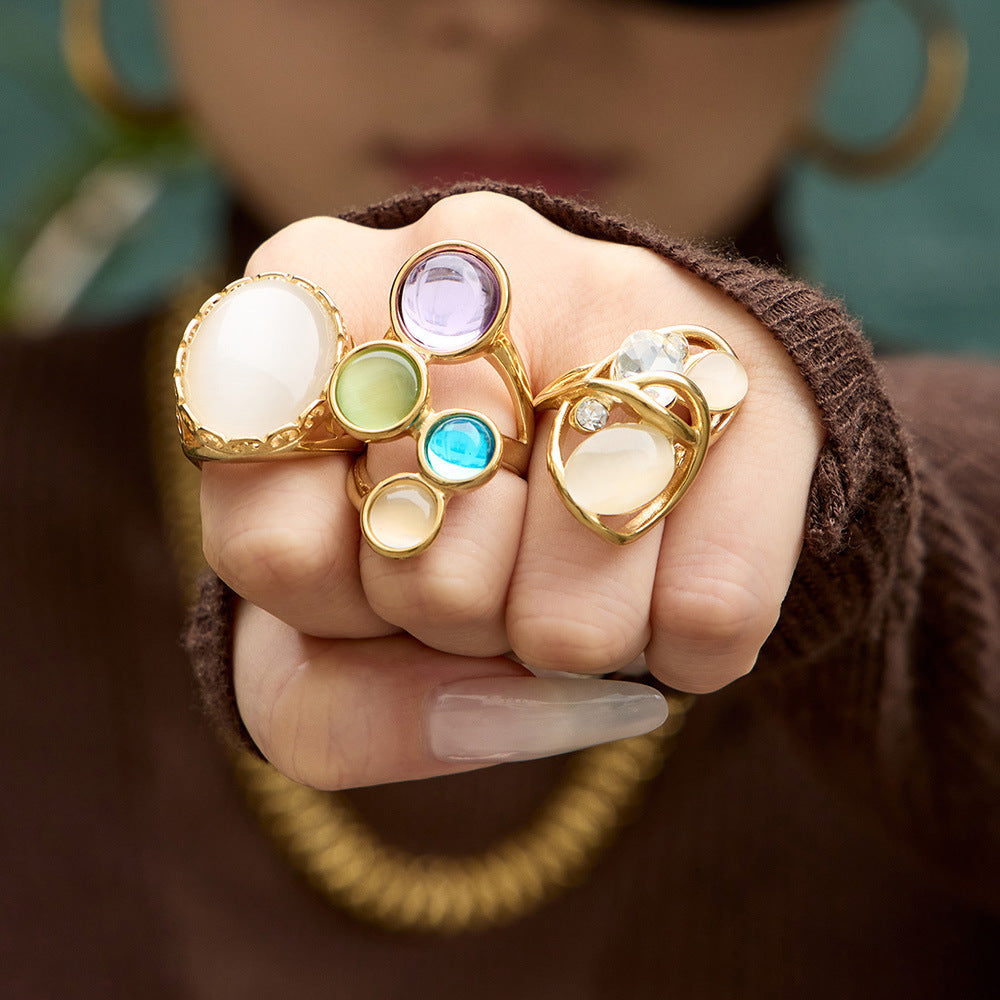 Stainless Steel Hollowed-out Cat's Eye Stone Open Ring