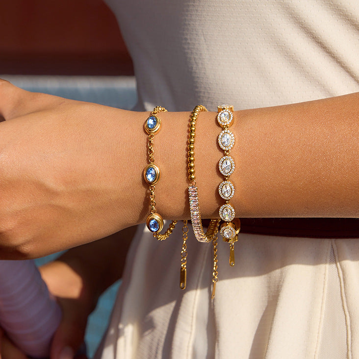 Stainless Steel Blue Egg-shaped Rhinestone Cable Chain Bracelet