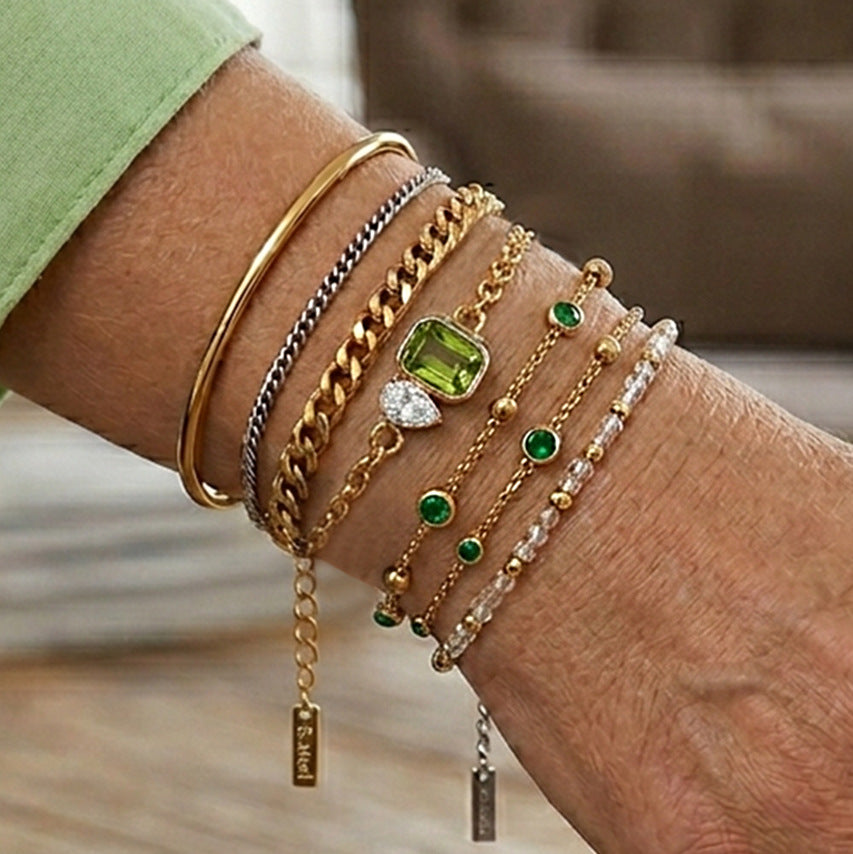 Stainless Steel Rhinestone Stacked Cable Chain Bracelet