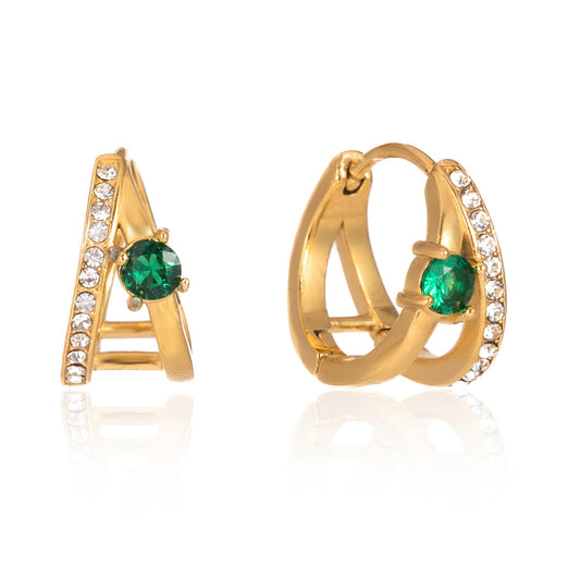 Stainless Steel Round Green CZ Double-layer Hollow Hoop Earrings