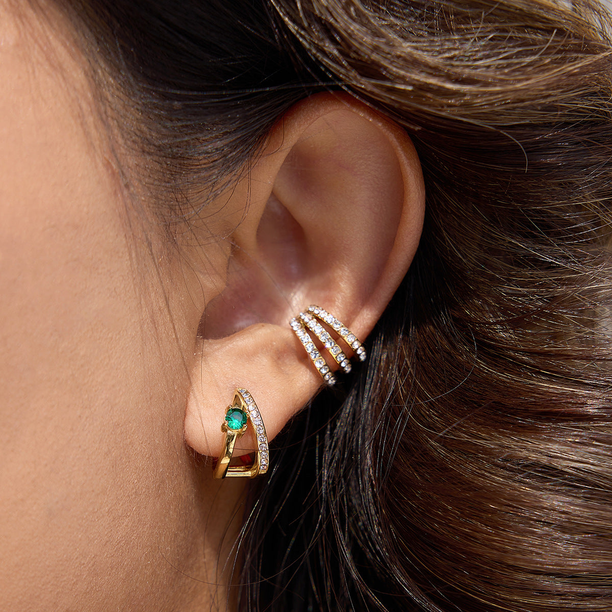 Stainless Steel Round Green CZ Double-layer Hollow Hoop Earrings