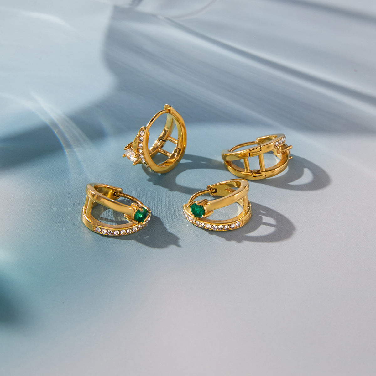 Stainless Steel Round Green CZ Double-layer Hollow Hoop Earrings