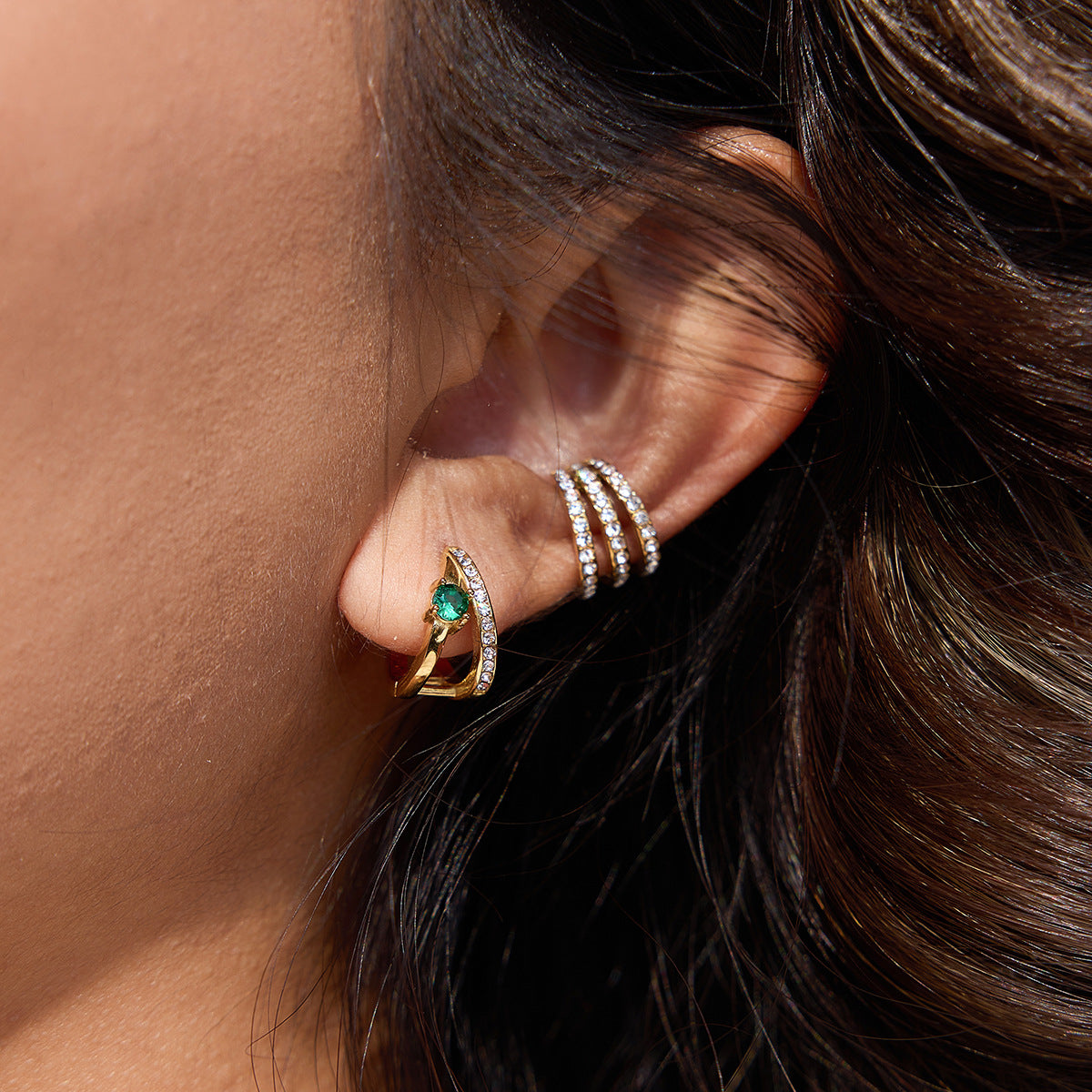 Stainless Steel Round Green CZ Double-layer Hollow Hoop Earrings