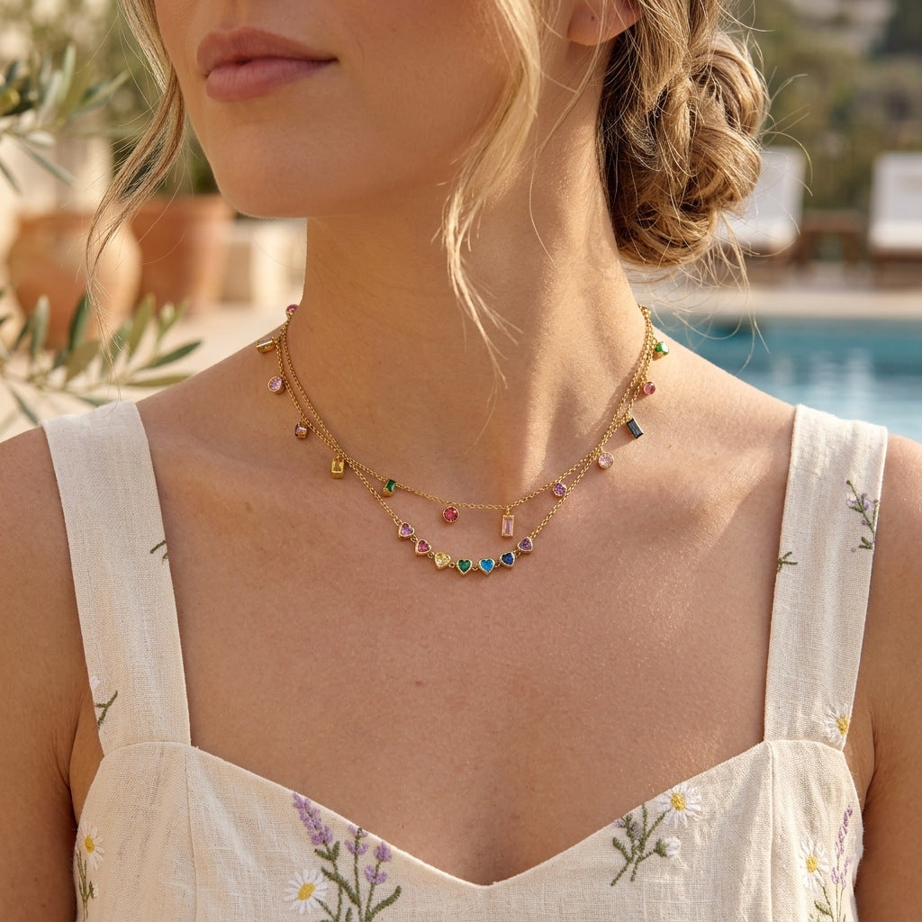 Stainless Steel 18K Gold PVD Rainbow Cubic Zirconia Necklace