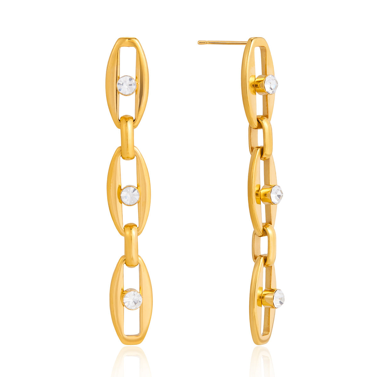 Stainless Steel 18K Gold PVD Chain Tassel Cubic Zirconia Stud Earrings