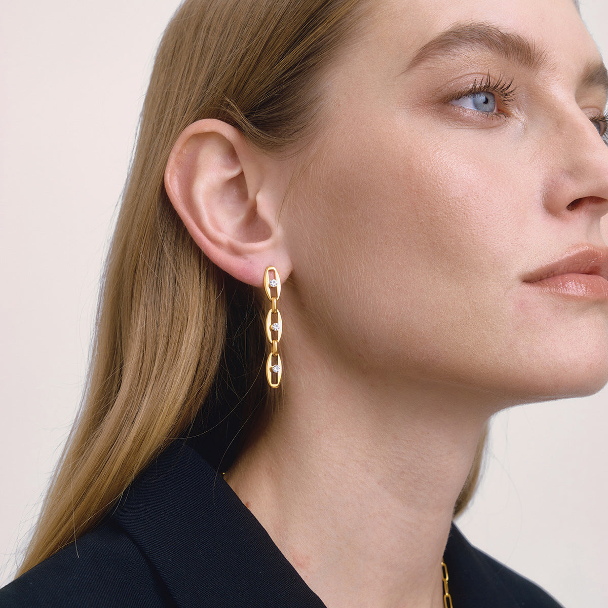 Stainless Steel 18K Gold PVD Chain Tassel Cubic Zirconia Stud Earrings