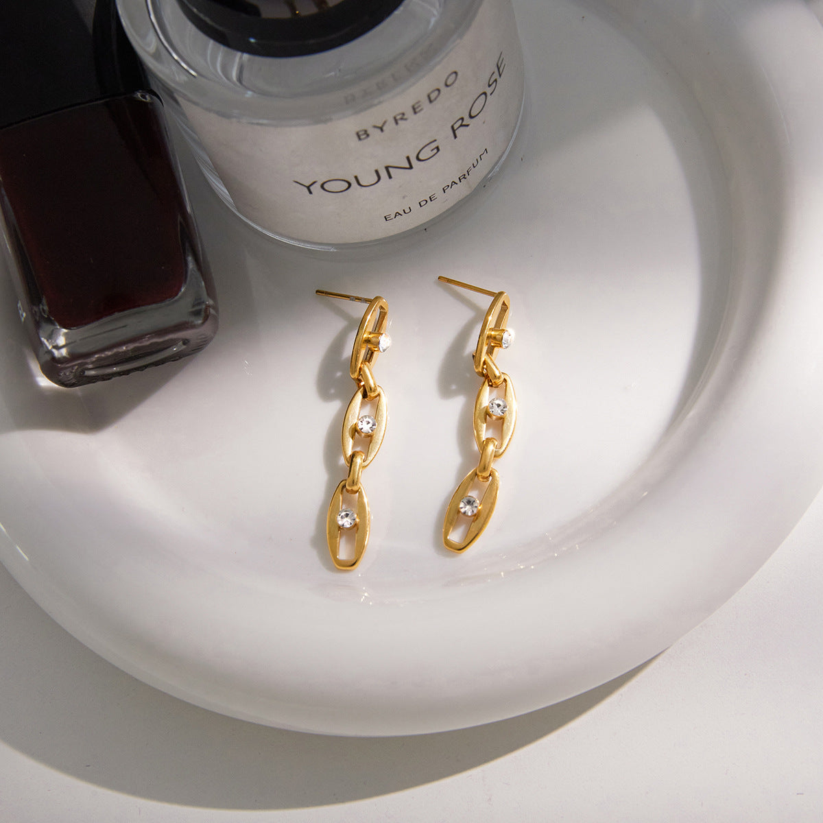 Stainless Steel 18K Gold PVD Chain Tassel Cubic Zirconia Stud Earrings