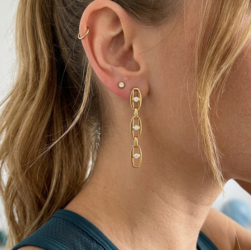 Stainless Steel 18K Gold PVD Chain Tassel Cubic Zirconia Stud Earrings