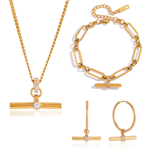 Stainless Steel T-bar CZ Pendant Necklace Earrings Bracelet Jewelry Set