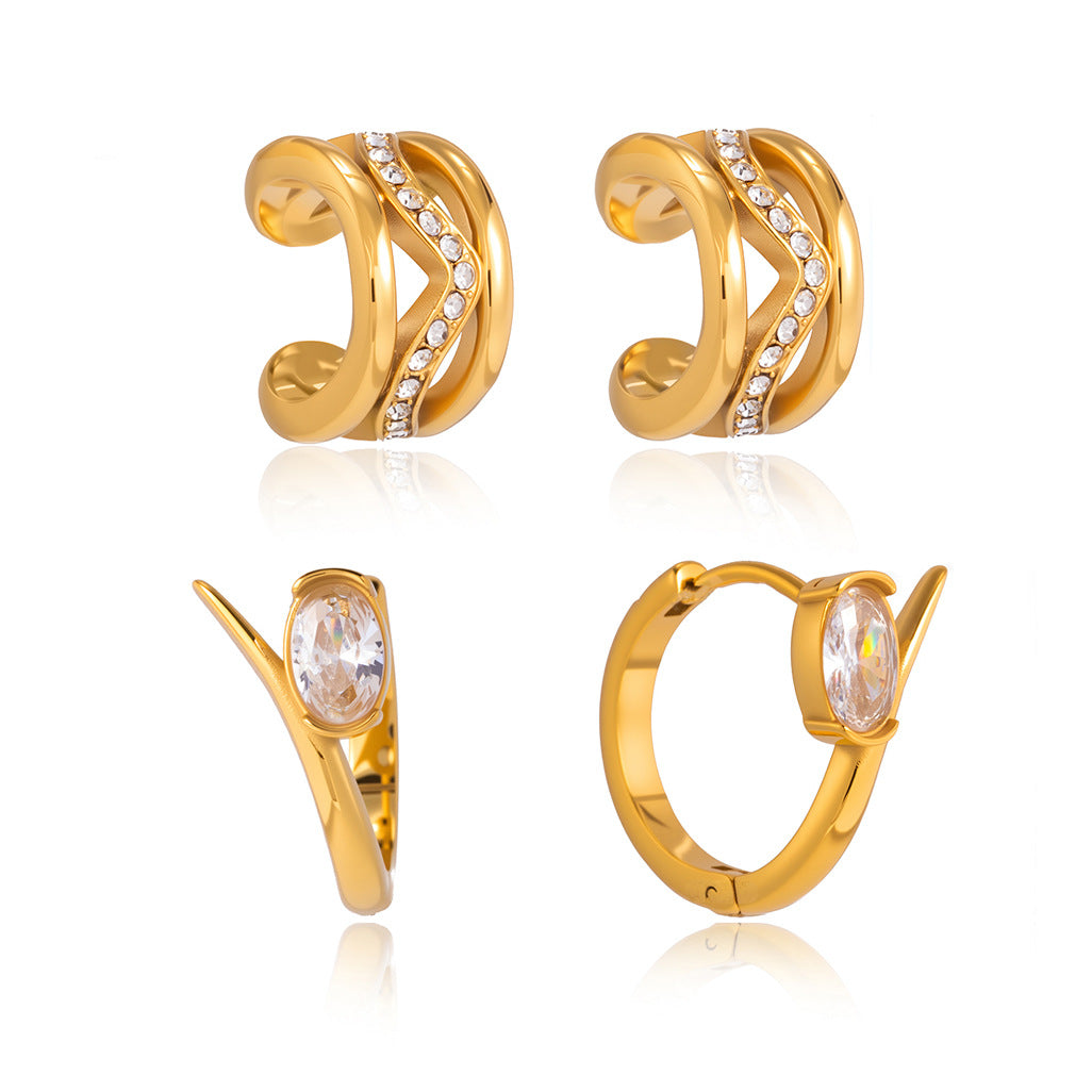 Stainless Steel White Egg-shaped CZ Linear Hoop Earrings
