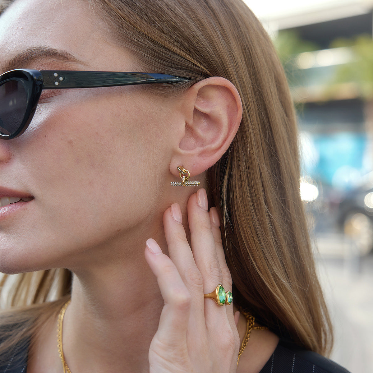 Stainless Steel Rhinestone T-bar Stud Earrings