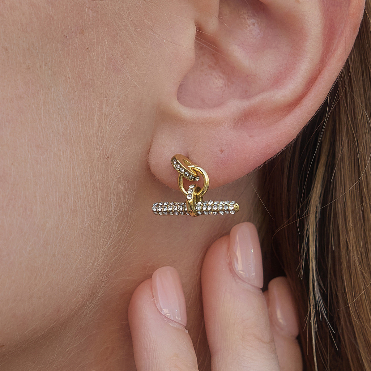 Stainless Steel Rhinestone T-bar Stud Earrings