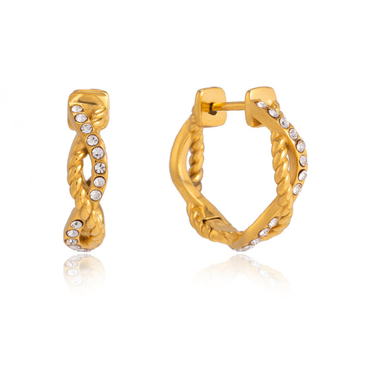 Stainless Steel Rhinestone Threaded Twisted Rope Hoop Earrings