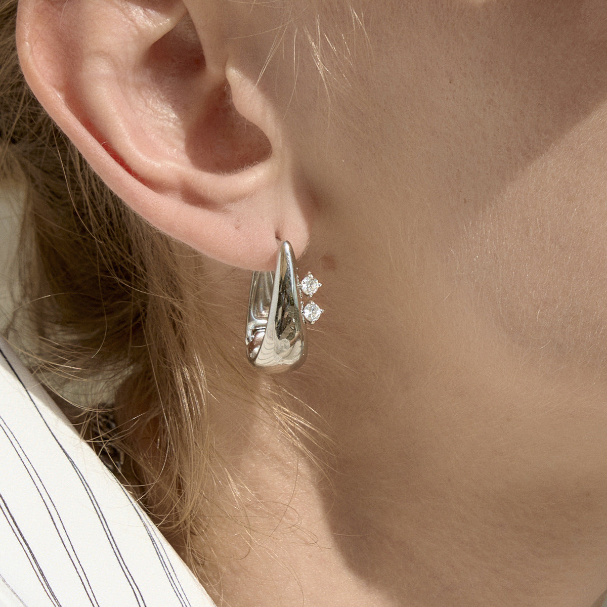 Stainless Steel White Round CZ U-shaped Hoop Earrings