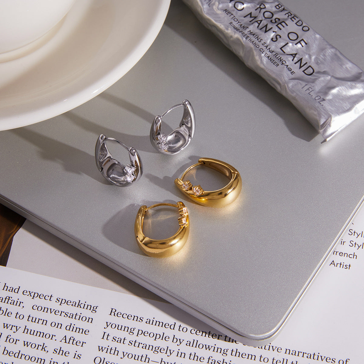 Stainless Steel White Round CZ U-shaped Hoop Earrings
