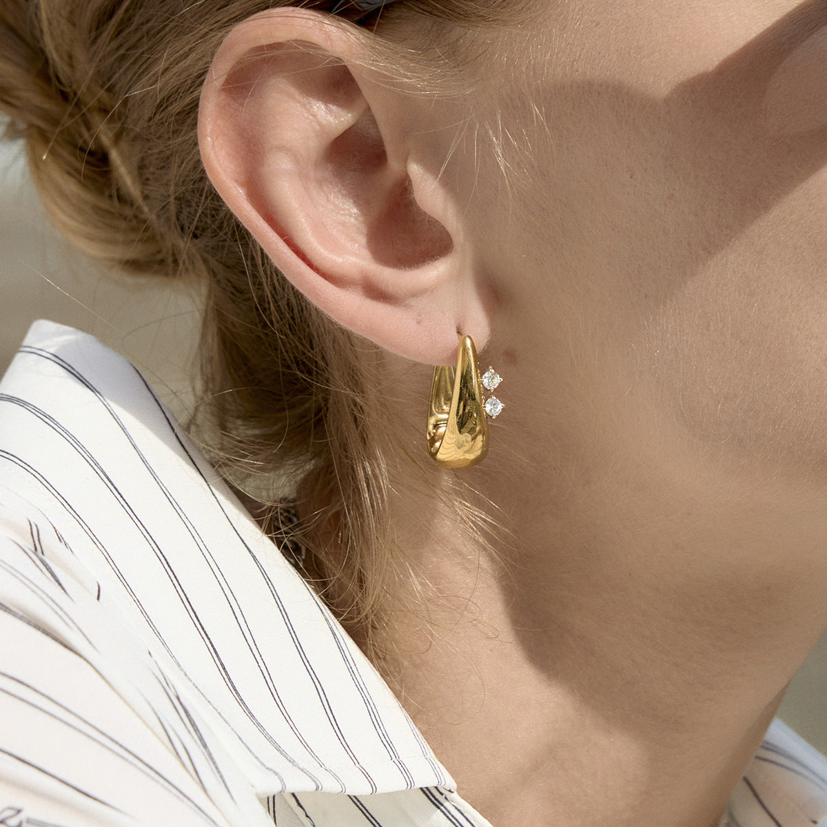 Stainless Steel White Round CZ U-shaped Hoop Earrings