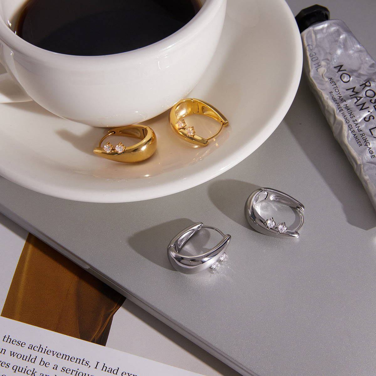 Stainless Steel White Round CZ U-shaped Hoop Earrings