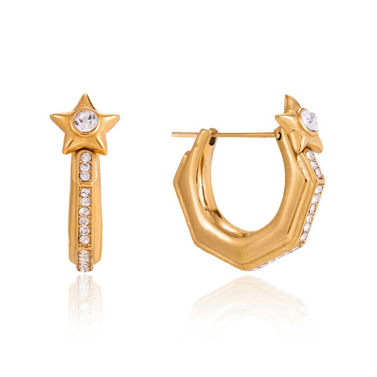 Stainless Steel Rhinestone Five-pointed Star U-shaped Earrings