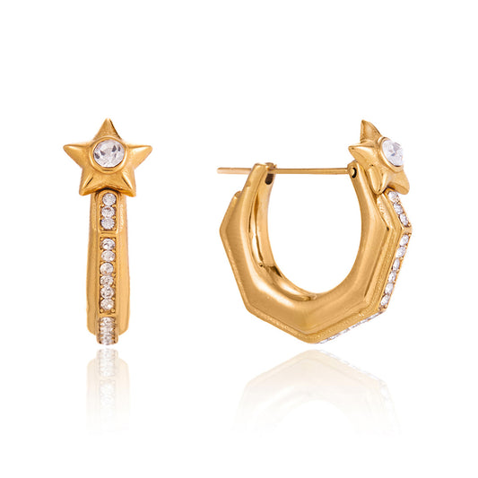 Stainless Steel Rhinestone Five-pointed Star U-shaped Earrings