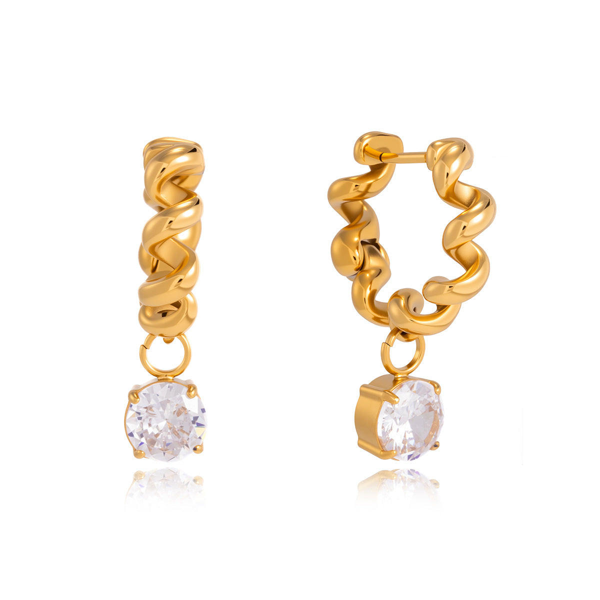 Stainless Steel CZ Pendant Spiral Wave Line Hoop Earrings