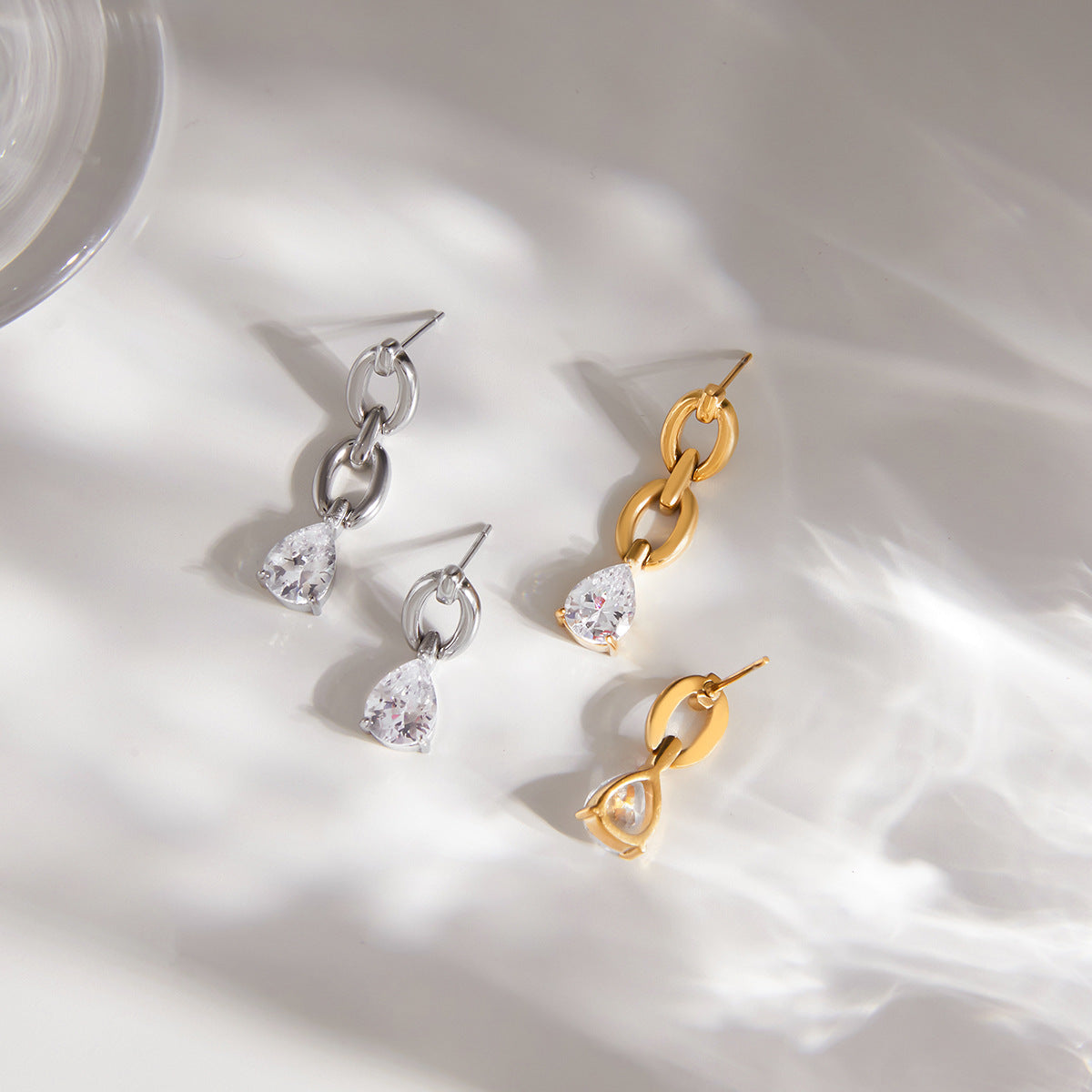 Stainless Steel White Water Drop CZ Chain Pendant Stud Earrings
