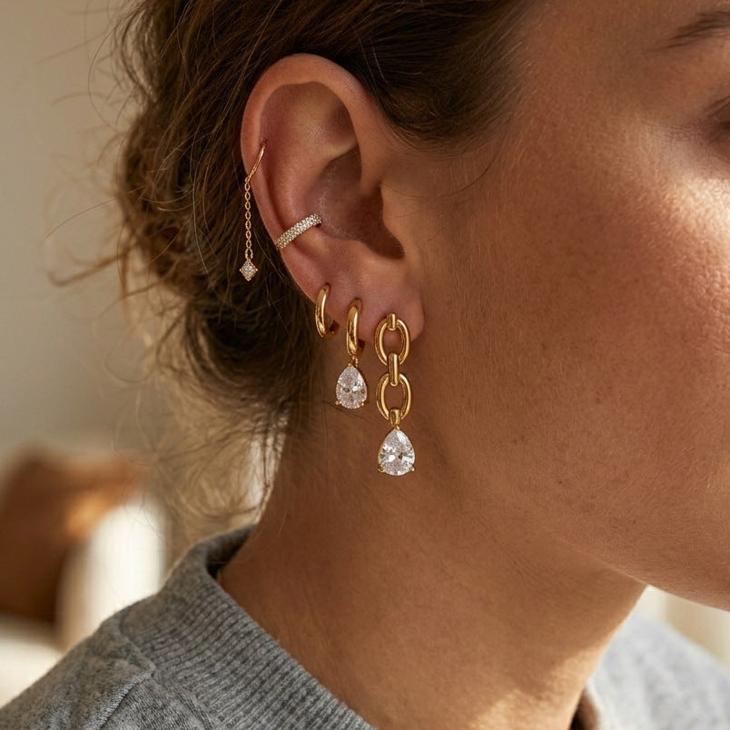 Stainless Steel White Water Drop CZ Chain Pendant Stud Earrings