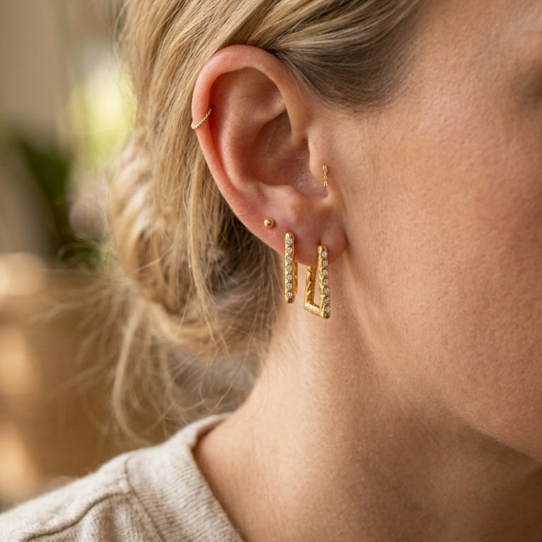 Stainless Steel Geometric Square-shaped Rhinestone Hoop Earrings