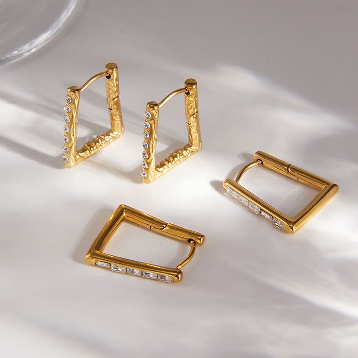 Stainless Steel Geometric Square-shaped Rhinestone Hoop Earrings