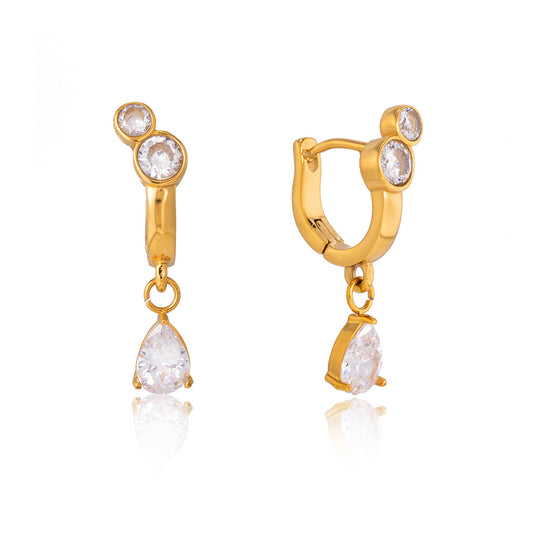 Stainless Steel Water Drop Cubic Zirconia Pendant Hoop Earrings