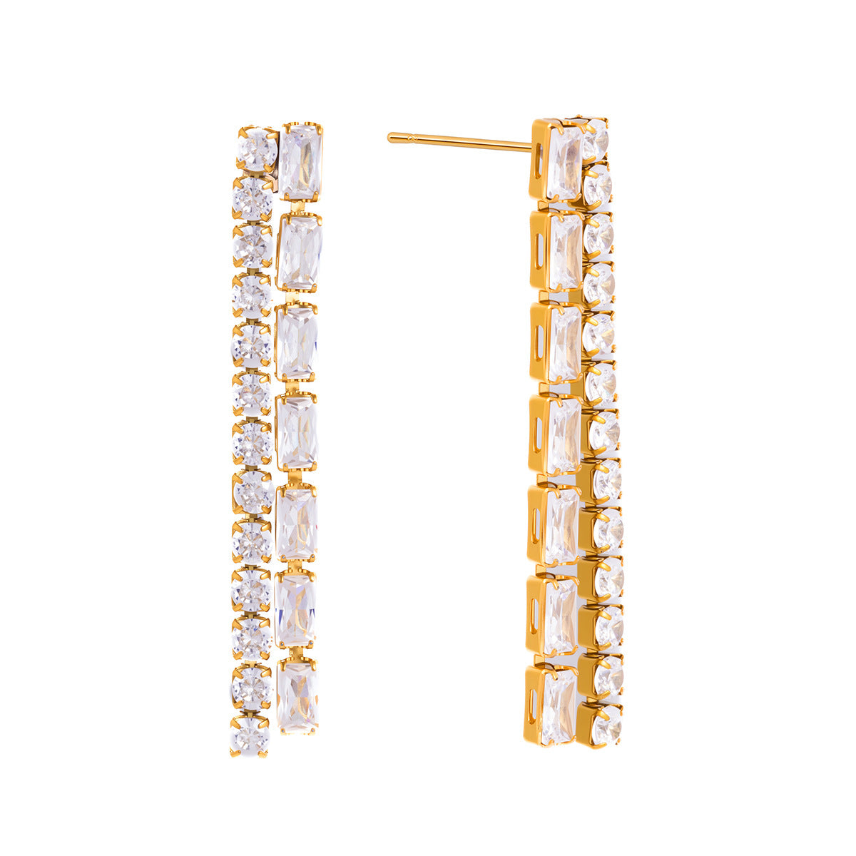 Stainless Steel White Square and Round CZ Tassel Stud Earrings
