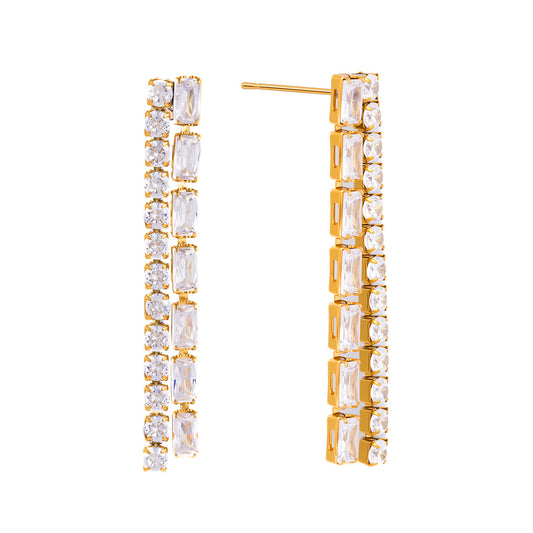 Stainless Steel White Square and Round CZ Tassel Stud Earrings