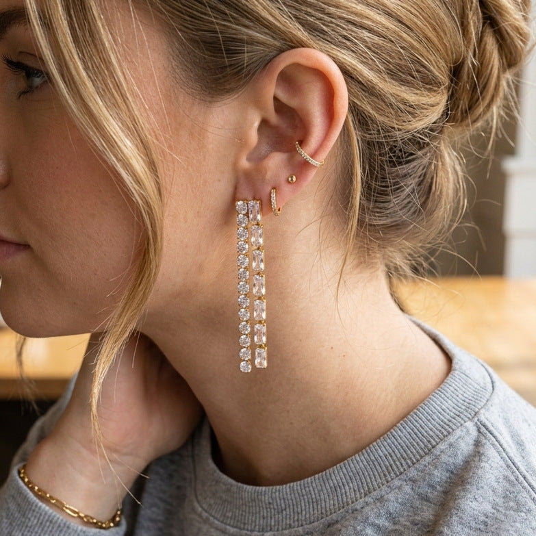 Stainless Steel White Square and Round CZ Tassel Stud Earrings