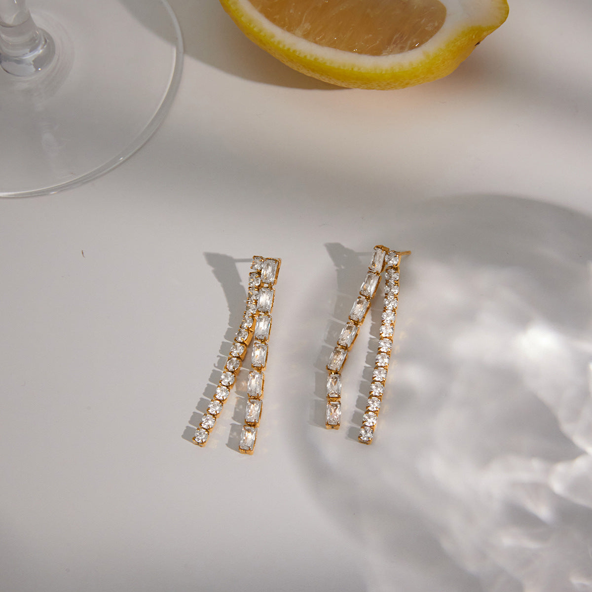 Stainless Steel White Square and Round CZ Tassel Stud Earrings