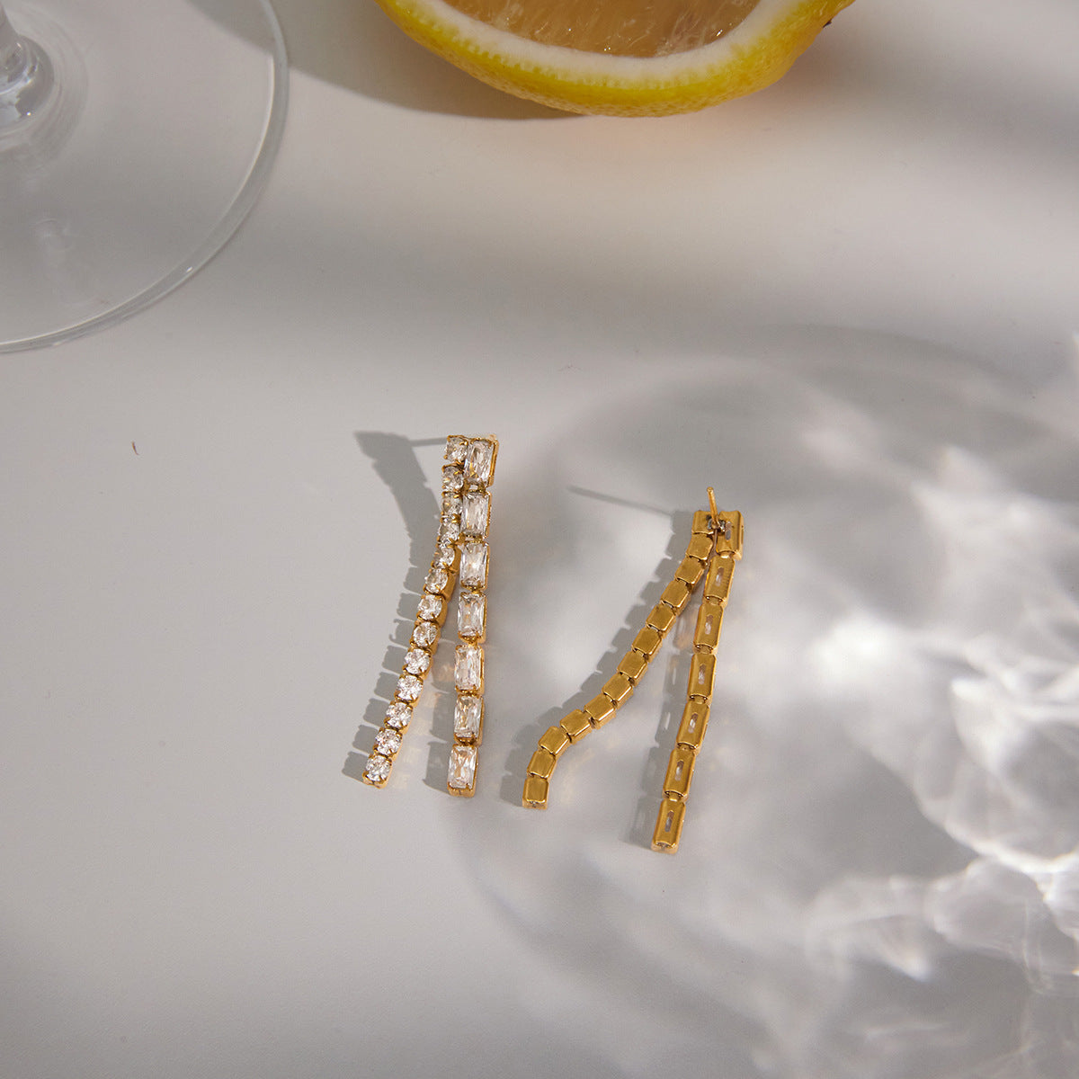 Stainless Steel White Square and Round CZ Tassel Stud Earrings