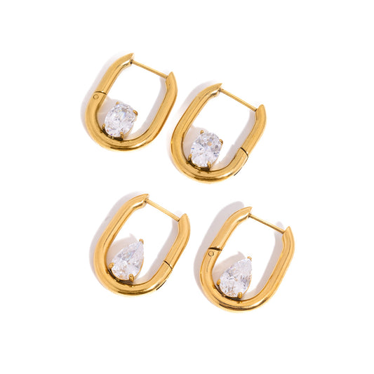 18K Gold PVD Stainless Steel Round Cubic Zirconia Hoop Earrings