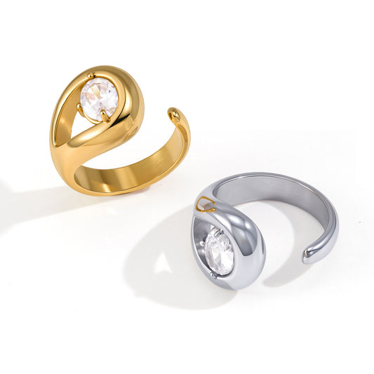 Stainless Steel White CZ Water Drop Hollow-out Open Ring