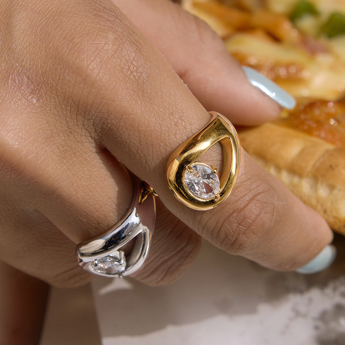 Stainless Steel White CZ Water Drop Hollow-out Open Ring