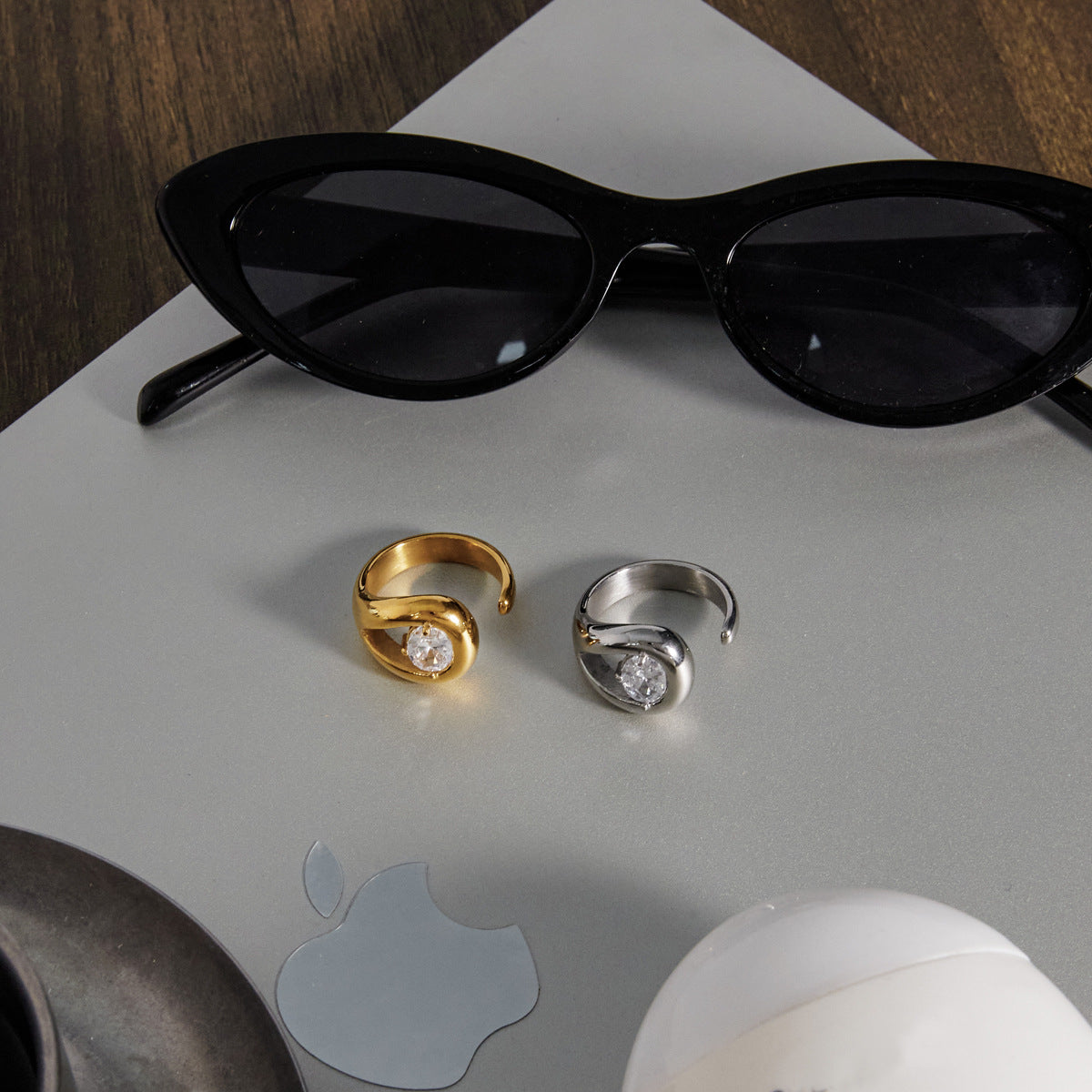 Stainless Steel White CZ Water Drop Hollow-out Open Ring