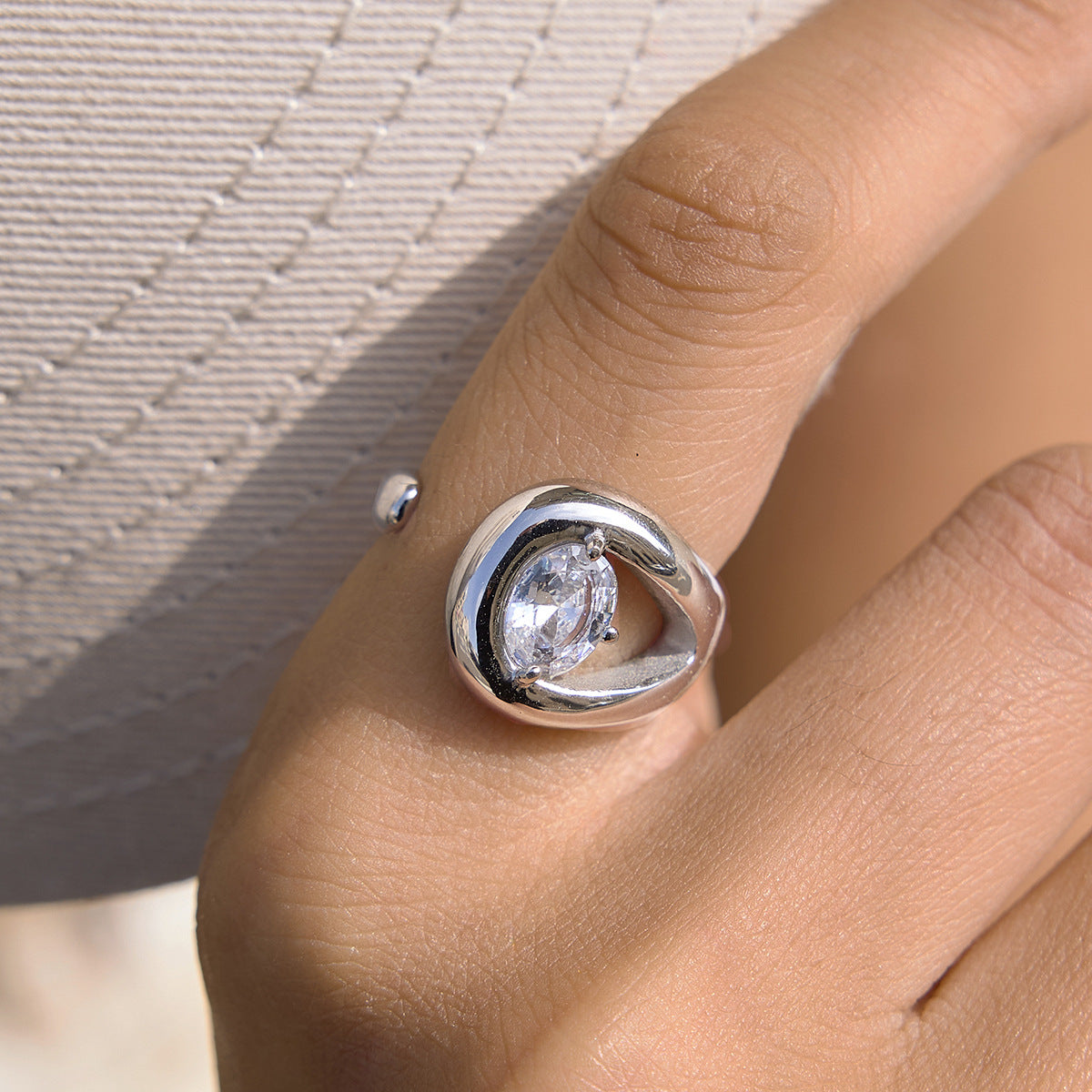 Stainless Steel White CZ Water Drop Hollow-out Open Ring
