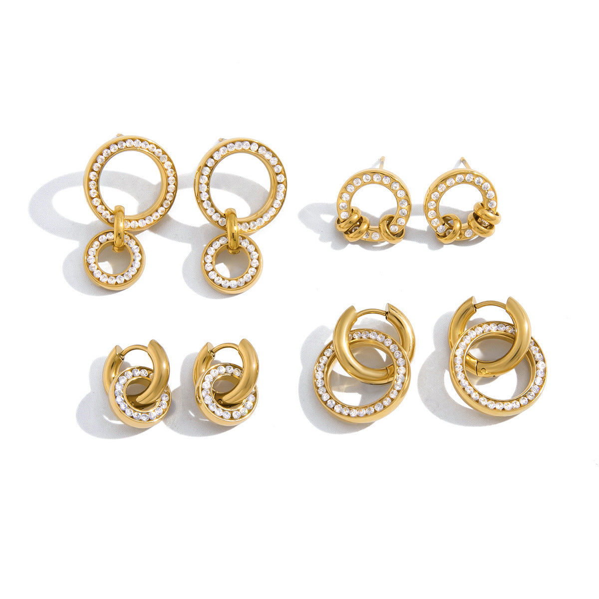 Stainless Steel White Cubic Zirconia Multi-ring Stud Earrings