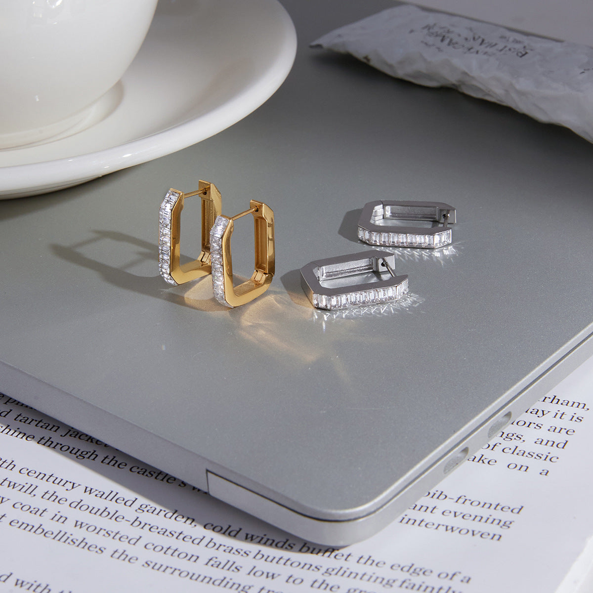 Stainless Steel White Cubic Zirconia U-shaped Hoop Earrings